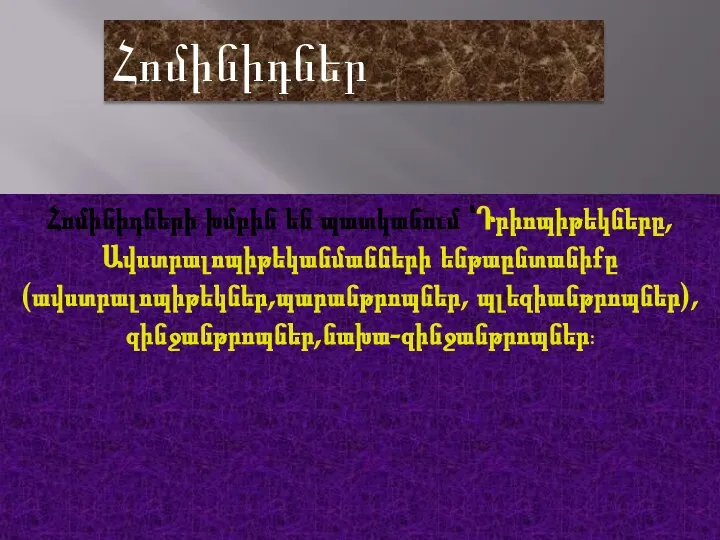 Հոմինիդներ Հոմինիդների խմբին են պատկանում ՝Դրիոպիթեկները, Ավստրալոպիթեկանմանների ենթաընտանիքը (ավստրալոպիթեկներ,պարանթրոպներ, պլեզիանթրոպներ),զինջանթրոպներ,նախա-զինջանթրոպներ: