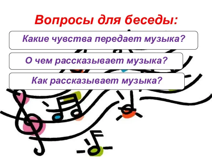 Вопросы для беседы: Какие чувства передает музыка? О чем рассказывает музыка? Как рассказывает музыка?