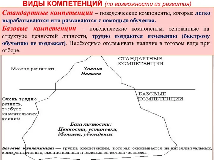 ВИДЫ КОМПЕТЕНЦИЙ (по возможности их развития) Стандартные компетенции – поведенческие компоненты,