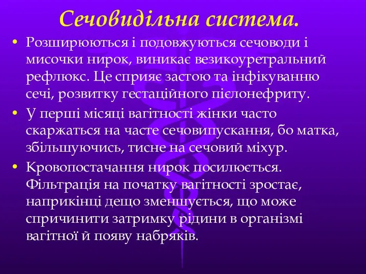 Сечовидiльна система. Розширюються i подовжуються сечоводи i мисочки нирок, виникає везико­уретральний