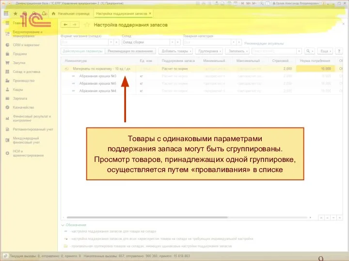 Товары с одинаковыми параметрами поддержания запаса могут быть сгруппированы. Просмотр товаров,