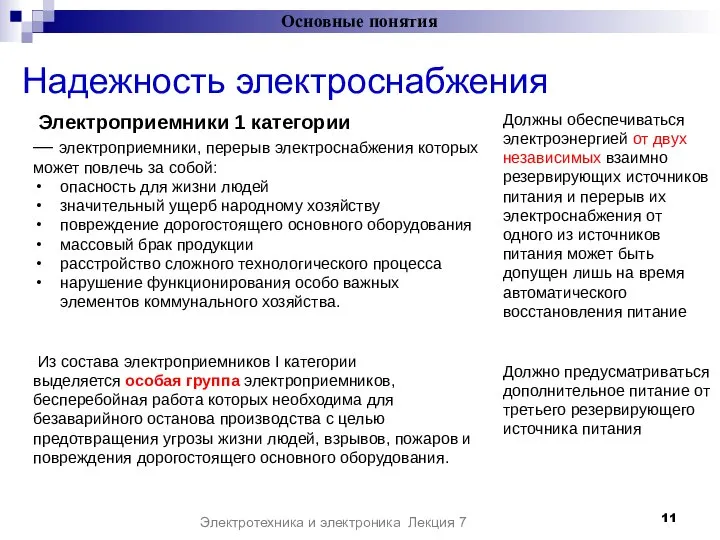 Надежность электроснабжения Основные понятия Электротехника и электроника Лекция 7 Электроприемники 1