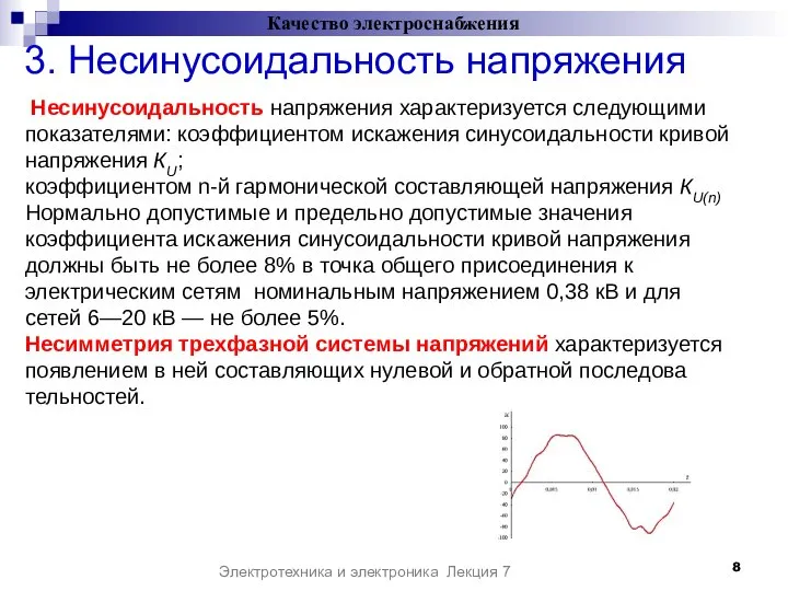 3. Несинусоидальность напряжения Электротехника и электроника Лекция 7 Несинусоидальность напряжения характеризуется