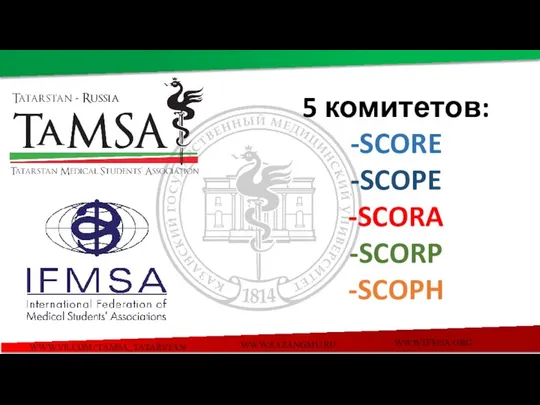 WWW.VK.COM/TAMSA_TATARSTAN WWW.KAZANGMU.RU WWW.IFMSA.ORG 5 комитетов: -SCORE -SCOPE -SCORA -SCORP -SCOPH