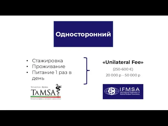 Односторонний Стажировка Проживание Питание 1 раз в день «Unilateral Fee» (250-600