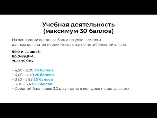 Учебная деятельность (максимум 30 баллов) На основании среднего балла по успеваемости