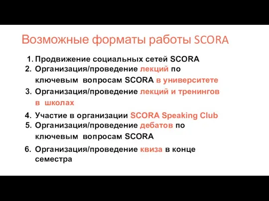 Возможные форматы работы SCORA Продвижение социальных сетей SCORA Организация/проведение лекций по