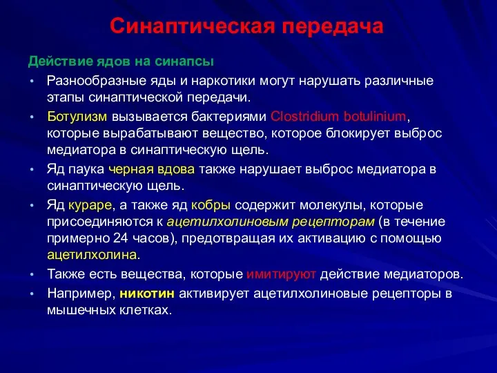 Синаптическая передача Действие ядов на синапсы Разнообразные яды и наркотики могут