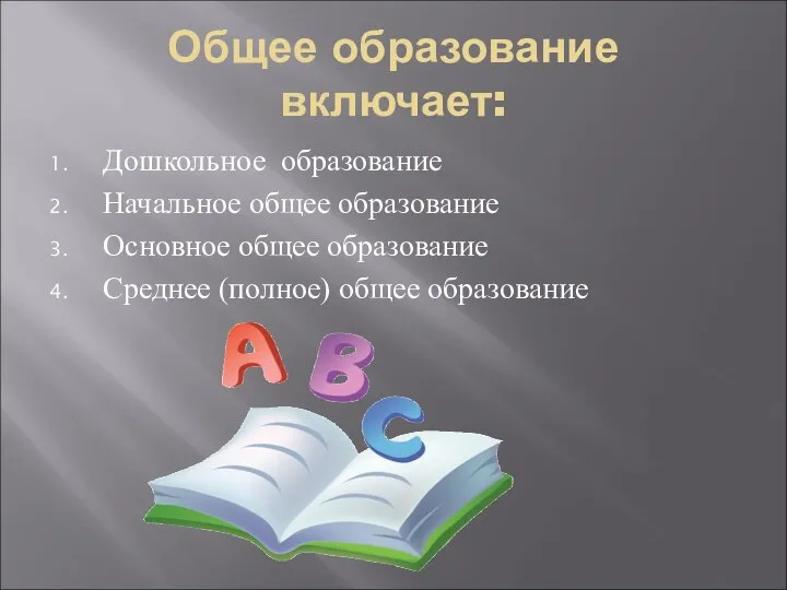 Общее образование включает: Дошкольное образование Начальное общее образование Основное общее образование Среднее (полное) общее образование