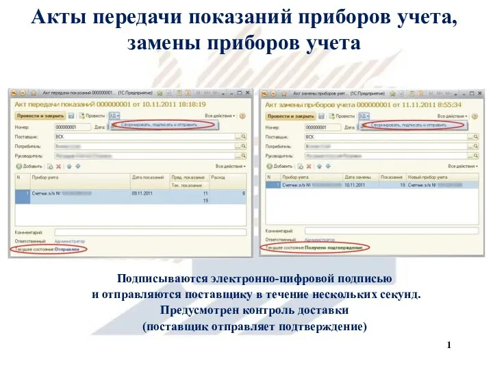 Акты передачи показаний приборов учета, замены приборов учета Подписываются электронно-цифровой подписью