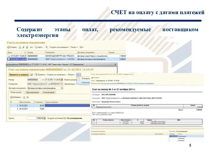 СЧЕТ на оплату с датами платежей Содержит этапы оплат, рекомендуемые поставщиком электроэнергии 5