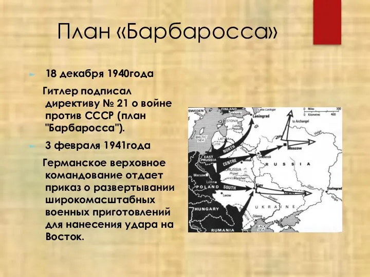 План «Барбаросса» 18 декабря 1940года Гитлер подписал директиву № 21 о