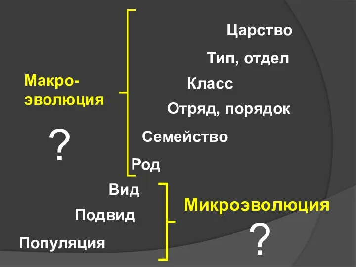 Вид Род Семейство Отряд, порядок Класс Тип, отдел Царство Популяция Подвид Микроэволюция Макро- эволюция ? ?