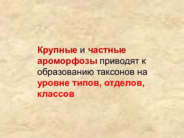 Крупные и частные ароморфозы приводят к образованию таксонов на уровне типов, отделов, классов