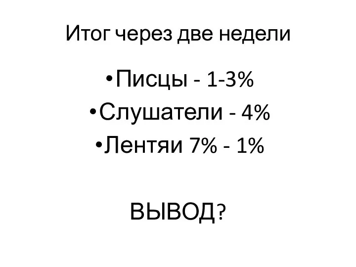 Итог через две недели Писцы - 1-3% Слушатели - 4% Лентяи 7% - 1% ВЫВОД?