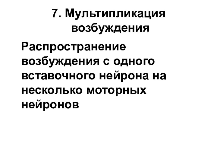 7. Мультипликация возбуждения Распространение возбуждения с одного вставочного нейрона на несколько моторных нейронов