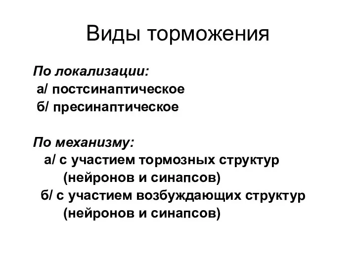 Виды торможения По локализации: а/ постсинаптическое б/ пресинаптическое По механизму: а/