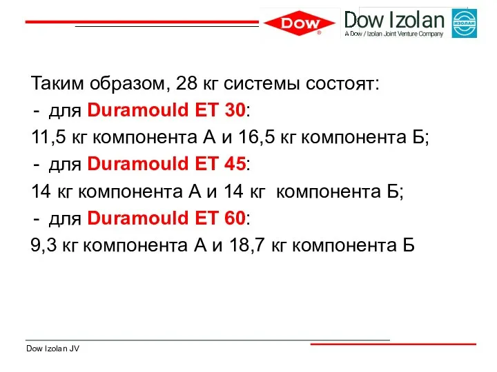 Таким образом, 28 кг системы состоят: для Duramould ЕТ 30: 11,5