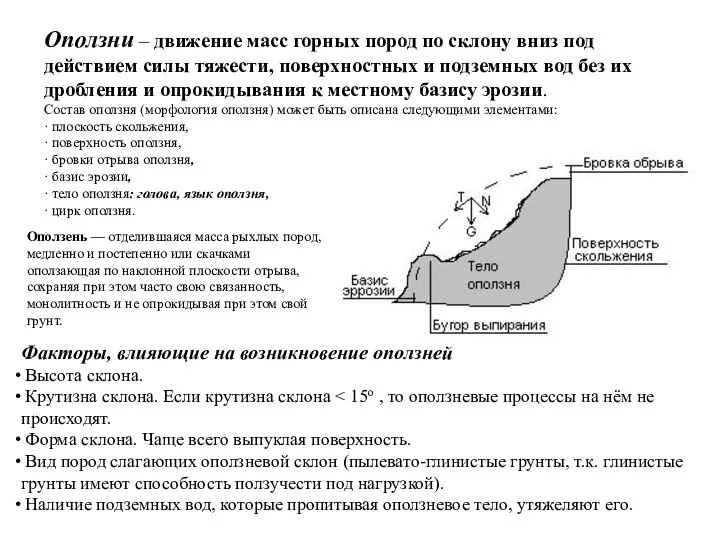 Оползни – движение масс горных пород по склону вниз под действием