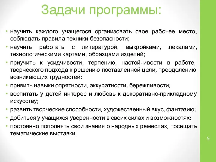 Задачи программы: научить каждого учащегося организовать свое рабочее место, соблюдать правила