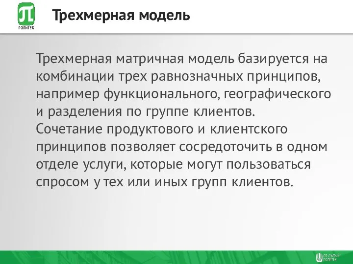 Трехмерная матричная модель базируется на комбинации трех равнозначных принципов, например функционального,