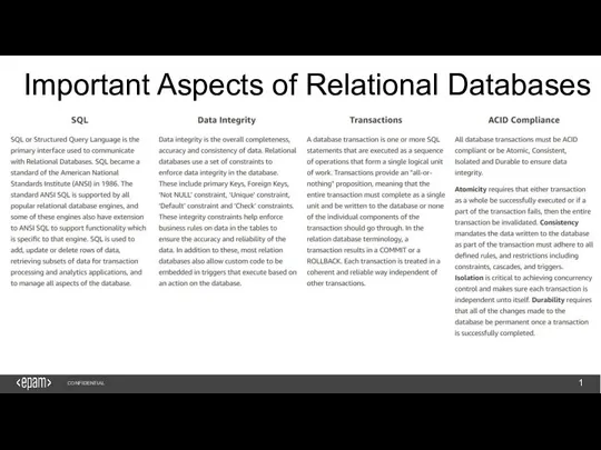 1 CONFIDENTIAL Important Aspects of Relational Databases