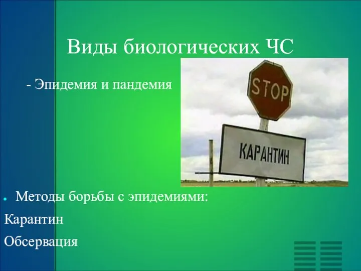 Виды биологических ЧС - Эпидемия и пандемия Методы борьбы с эпидемиями: Карантин Обсервация