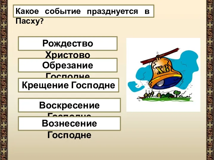 Обрезание Господне Рождество Христово Воскресение Господне Крещение Господне Вознесение Господне Какое событие празднуется в Пасху?