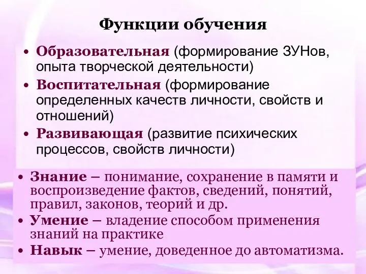 Функции обучения Образовательная (формирование ЗУНов, опыта творческой деятельности) Воспитательная (формирование определенных