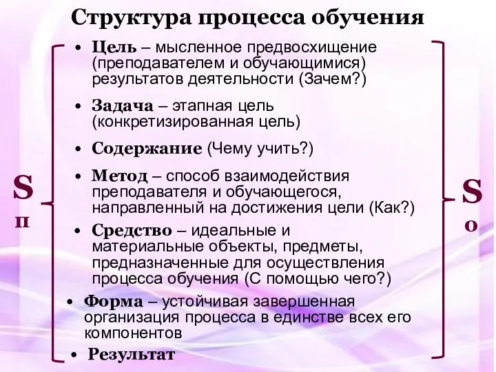 Структура процесса обучения Цель – мысленное предвосхищение (преподавателем и обучающимися) результатов