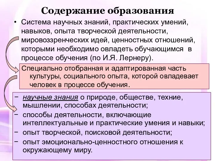 Содержание образования Система научных знаний, практических умений, навыков, опыта творческой деятельности,