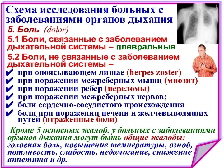 5. Боль (dolor) Схема исследования больных с заболеваниями органов дыхания при