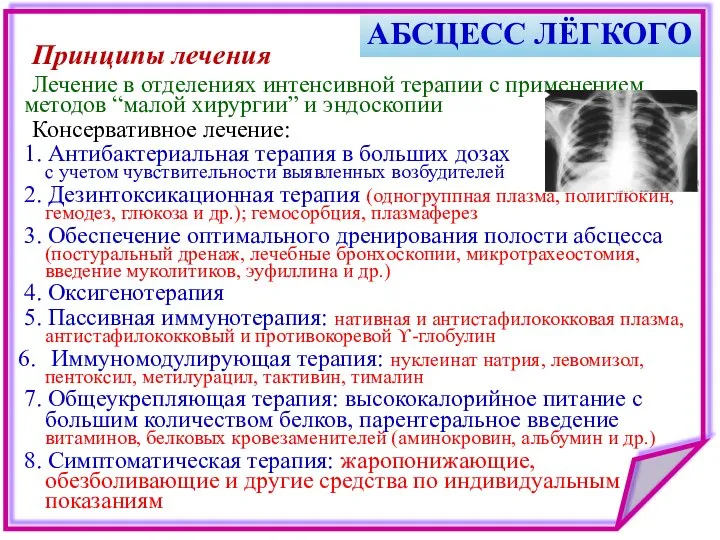 АБСЦЕСС ЛЁГКОГО Лечение в отделениях интенсивной терапии с применением методов “малой