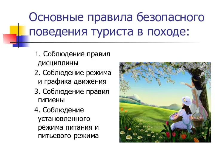 Основные правила безопасного поведения туриста в походе: 1. Соблюдение правил дисциплины