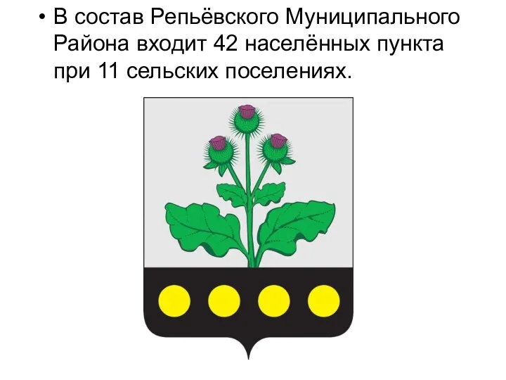 В состав Репьёвского Муниципального Района входит 42 населённых пункта при 11 сельских поселениях.