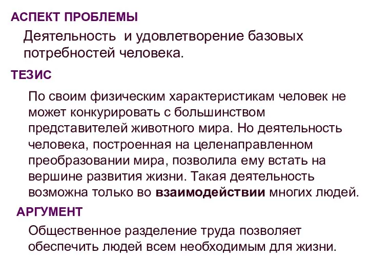 АСПЕКТ ПРОБЛЕМЫ Деятельность и удовлетворение базовых потребностей человека. ТЕЗИС По своим