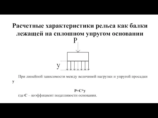 Расчетные характеристики рельса как балки лежащей на сплошном упругом основании При