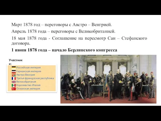 Март 1878 год – переговоры с Австро – Венгрией. Апрель 1878