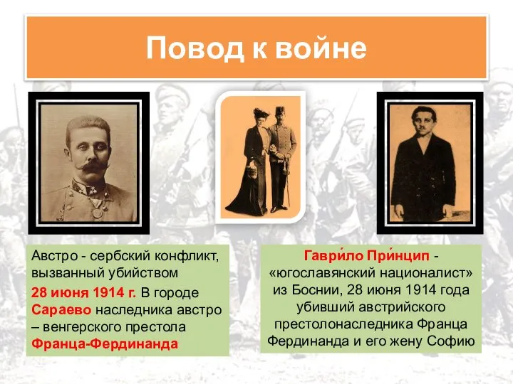 Повод к войне Австро - сербский конфликт, вызванный убийством 28 июня