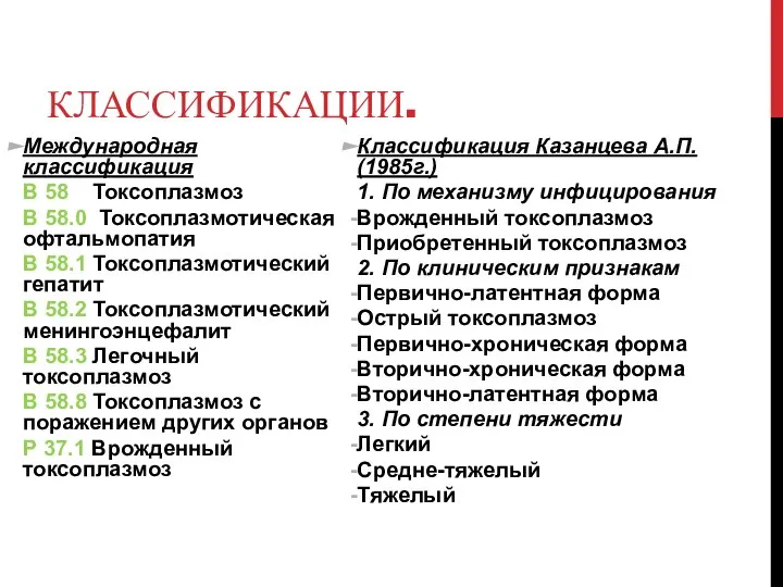 КЛАССИФИКАЦИИ. Международная классификация В 58 Токсоплазмоз В 58.0 Токсоплазмотическая офтальмопатия В