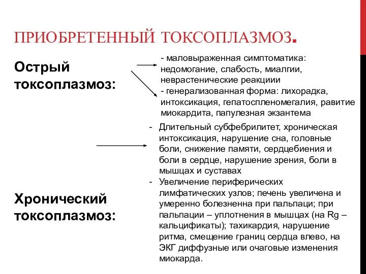 ПРИОБРЕТЕННЫЙ ТОКСОПЛАЗМОЗ. Острый токсоплазмоз: Хронический токсоплазмоз: - маловыраженная симптоматика: недомогание, слабость,