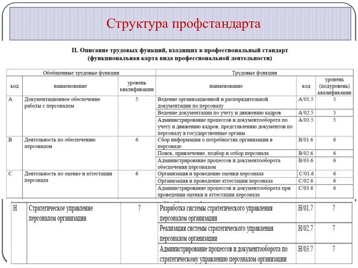 Структура профстандарта