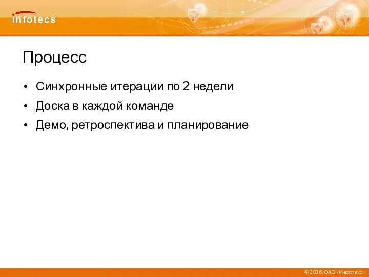 Процесс Синхронные итерации по 2 недели Доска в каждой команде Демо, ретроспектива и планирование