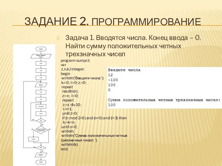 ЗАДАНИЕ 2. ПРОГРАММИРОВАНИЕ Задача 1. Вводятся числа. Конец ввода – 0.