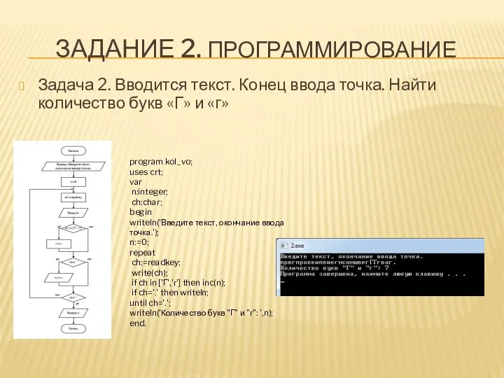 ЗАДАНИЕ 2. ПРОГРАММИРОВАНИЕ Задача 2. Вводится текст. Конец ввода точка. Найти