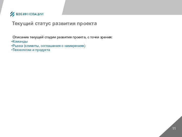 Текущий статус развития проекта Описание текущей стадии развития проекта, с точки