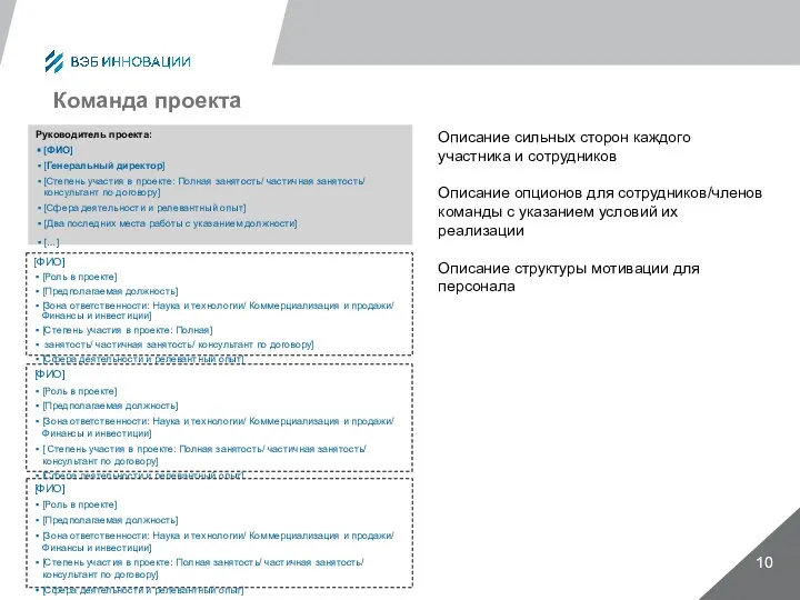 Команда проекта Руководитель проекта: [ФИО] [Генеральный директор] [Степень участия в проекте: