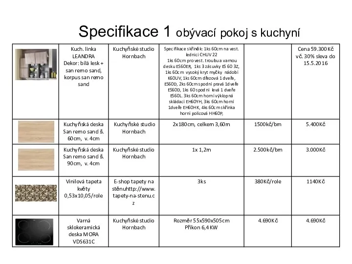 Specifikace 1 obývací pokoj s kuchyní