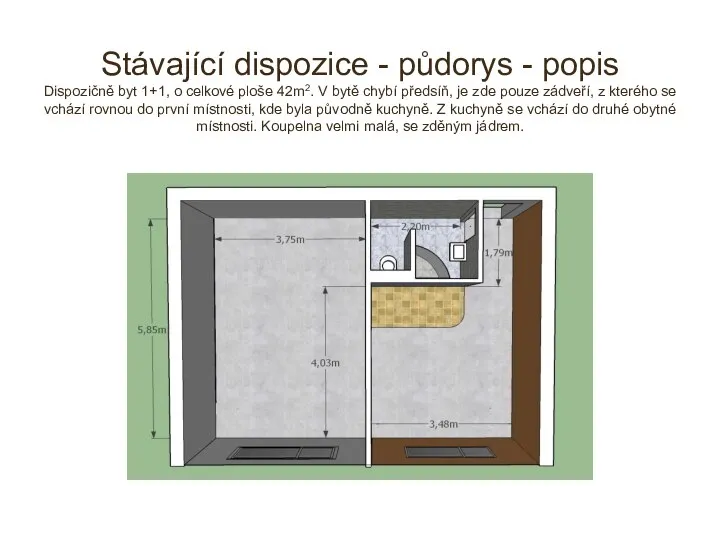 Stávající dispozice - půdorys - popis Dispozičně byt 1+1, o celkové