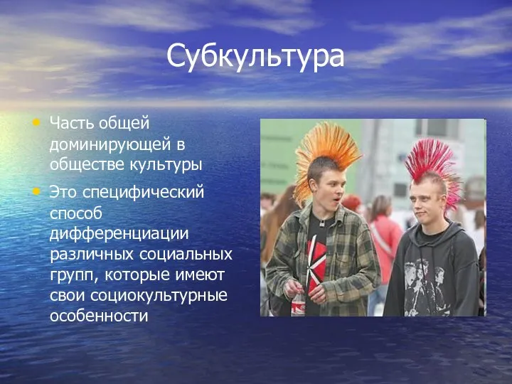 Субкультура Часть общей доминирующей в обществе культуры Это специфический способ дифференциации